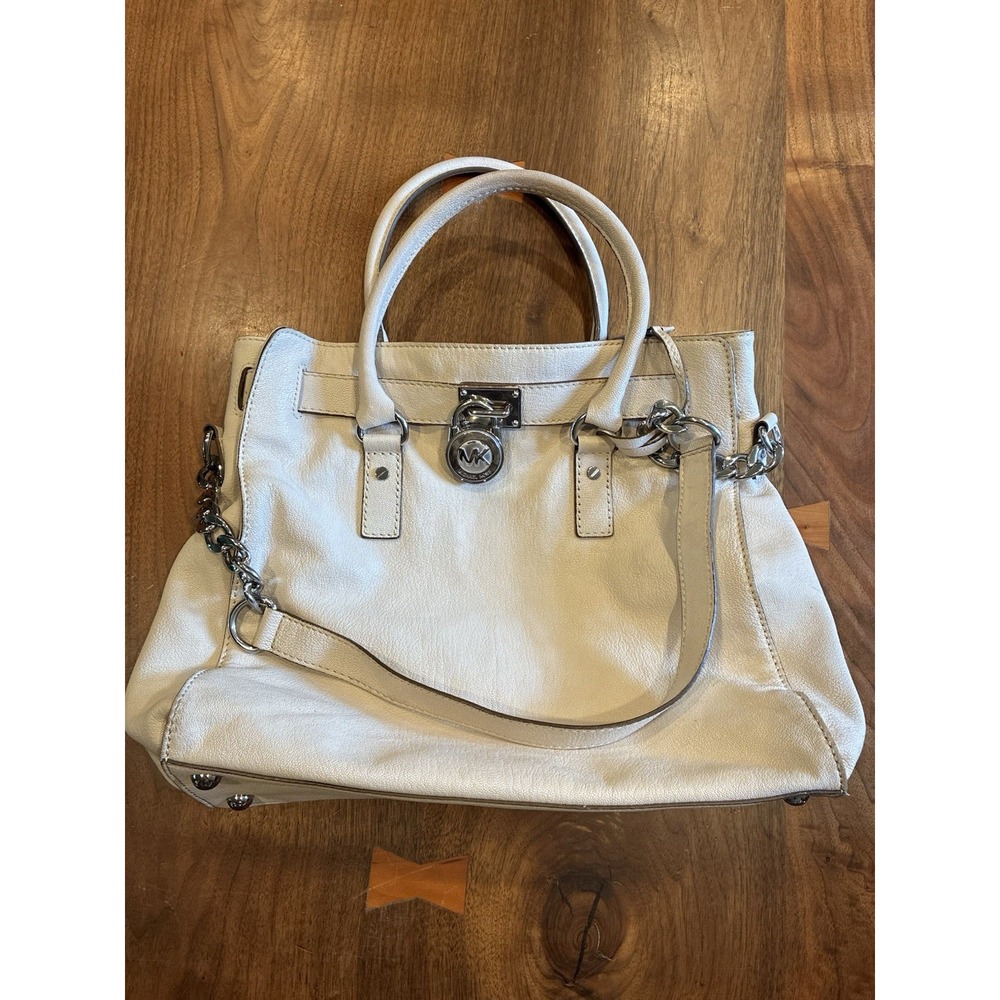 Michael Kors Hamilton Vanilla Color Large Leather Tote Shoulder Bag W/Lock & Key